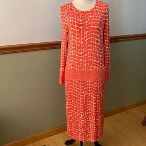 J.Peterman Orange Geometric Print Drop Waist Long Sleeve Jersey Knit Dress XXS